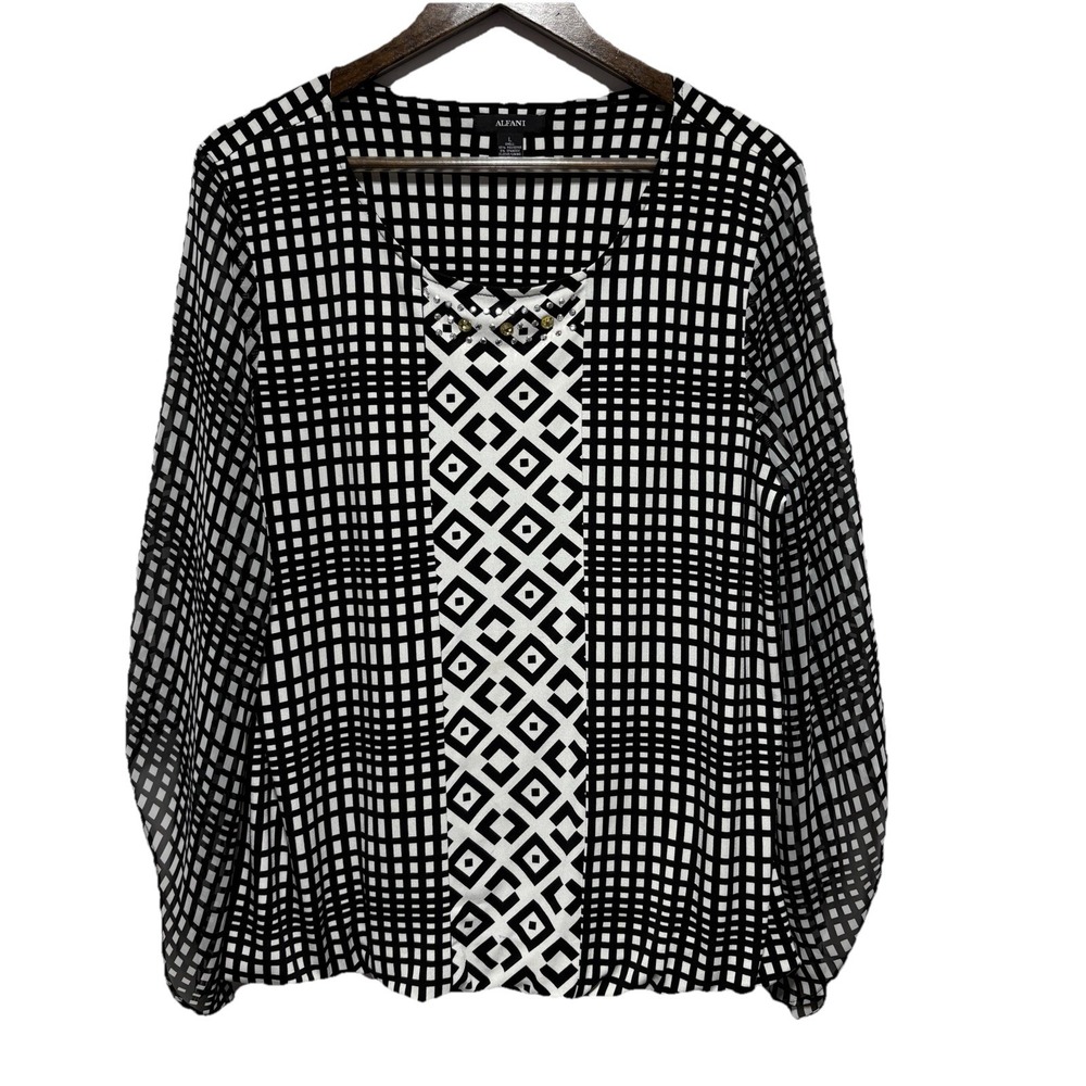 Alfani Blouse Womens L Black White Geometric Flare Sleeve Embellished Bubble Hem